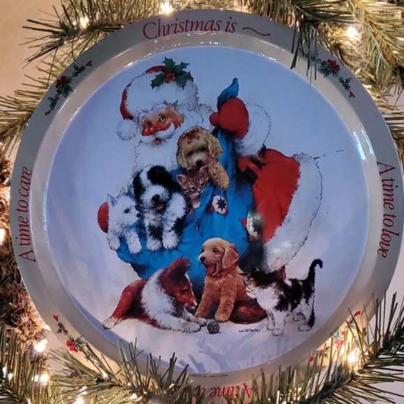 Giordano Vintage Christmas Tin Plate  Santa with Puppies & Kittens - Picture 16 of 16